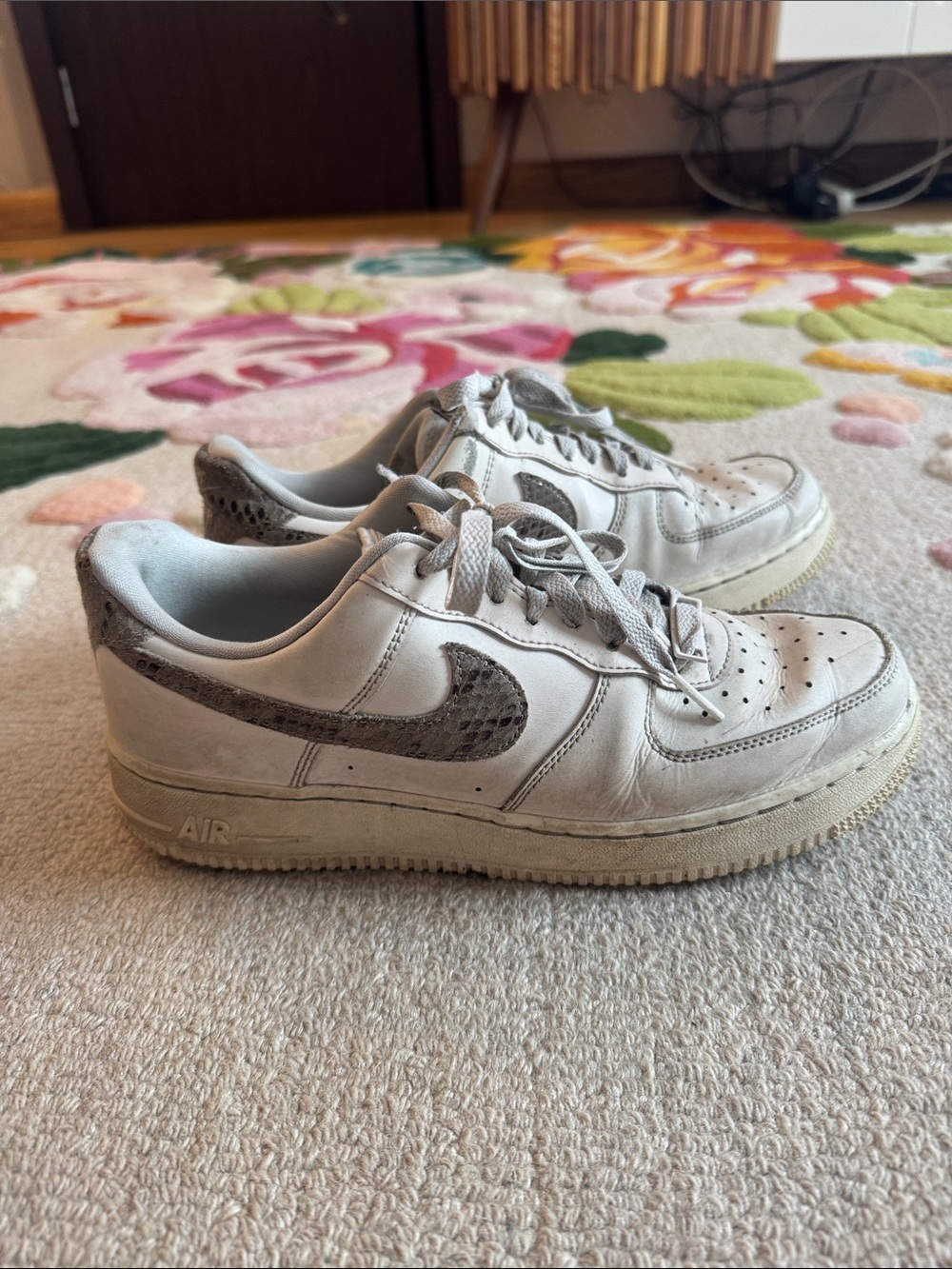Nike Kids White Sneakers with Gray Snakeskin Swoosh